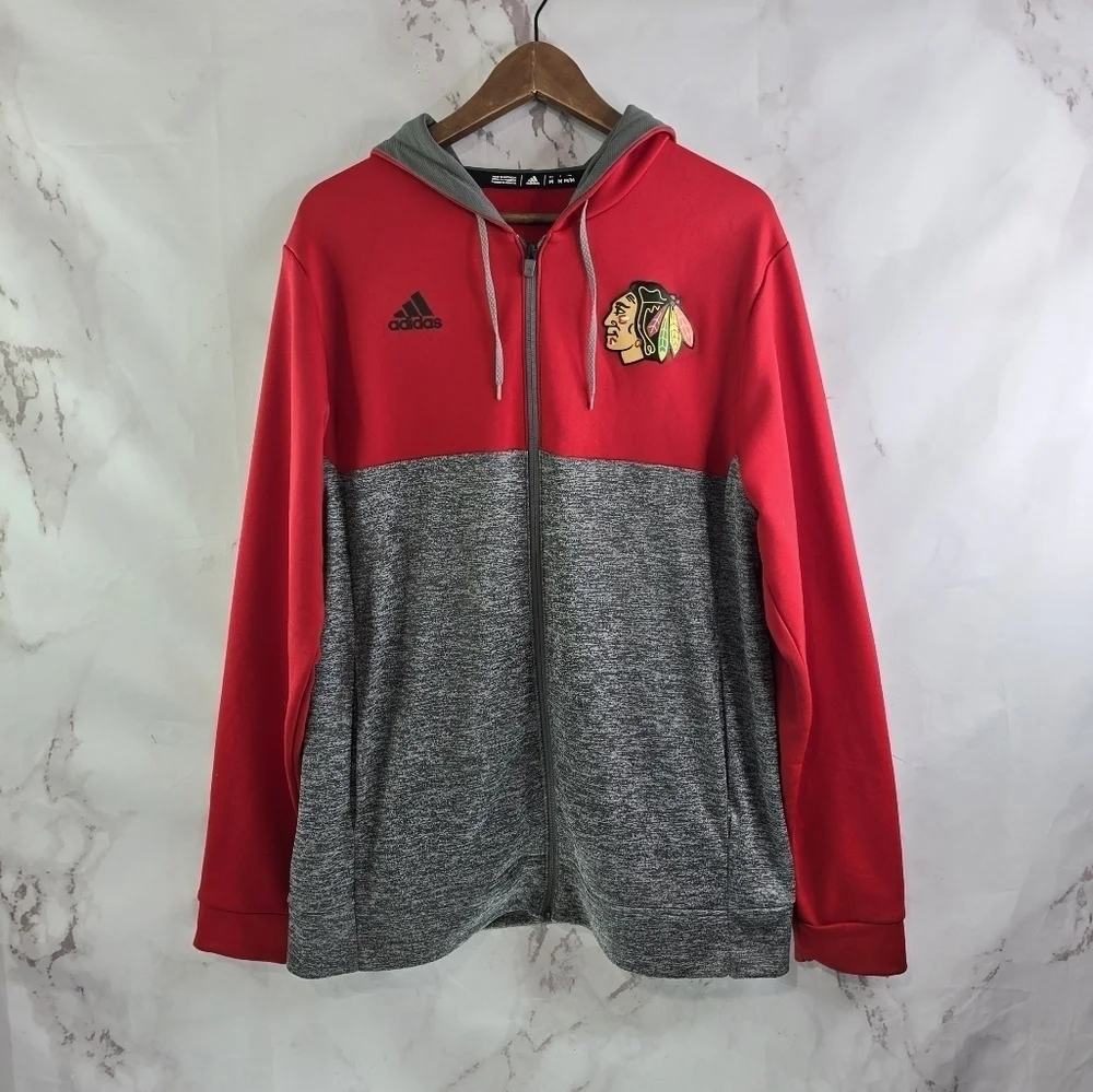 Chicago Blackhawks Jacket Mens Medium Red Gray Full Zip Sweatshirt Hooded Adidas